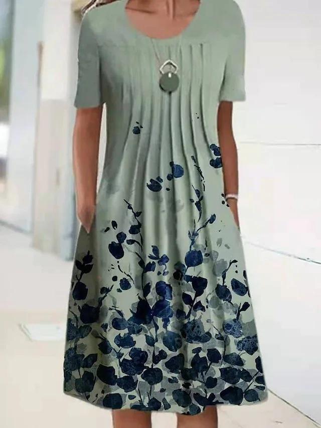 Women's Round Neck Pleated Front Floral Print Short Sleeve Midi Dress With Side Pockets