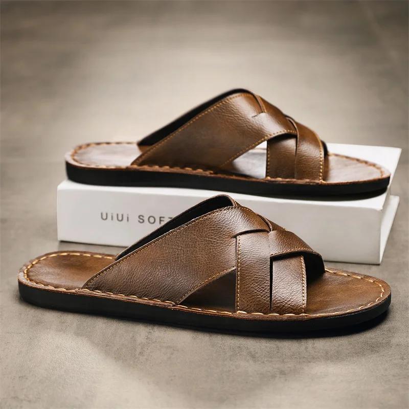 Fashion Summer men's slippers, women's flat bottomed beach breathable genuine leather business casual non slip lightweight sandals