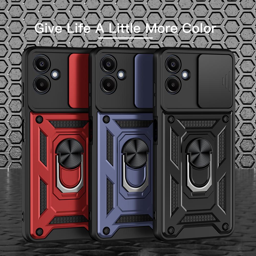 KEYSION Shockproof Case for Samsung A06 A05 A04 Silicone+PC Slide Camera Lens Protection Ring Stand Phone Cover for Galaxy A06