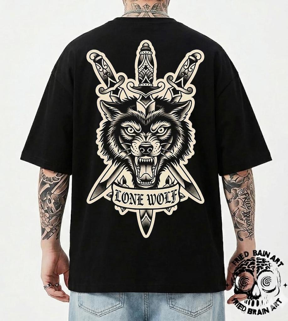 Lone Wolf T-Shirt with Traditional American Tattoo Style