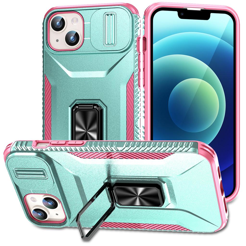For iPhone 15 Plus/14 Plus Case Camshield Kickstand TPU+PC Anti-Slip Phone Cover