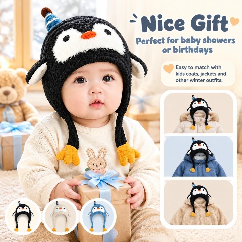 Fleece Lined Penguin Baby Hat Soft Knitted Baby Winter Cap Cartoon Kids Hat Boy Girl Unisex