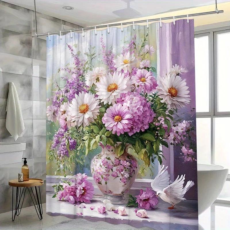 

1pc Floral Shower Curtain with White Doves - Romantic Whimsical Design, Polyester, 12 Hooks, Elegant Bath Decor W90xH180cm