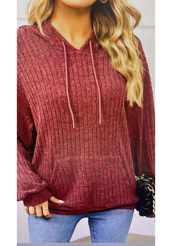 Women's Solid Color Ribbed Hooded Sweatshirt - Long Sleeve, Brushed, Autumn/Winter 2025 Collection