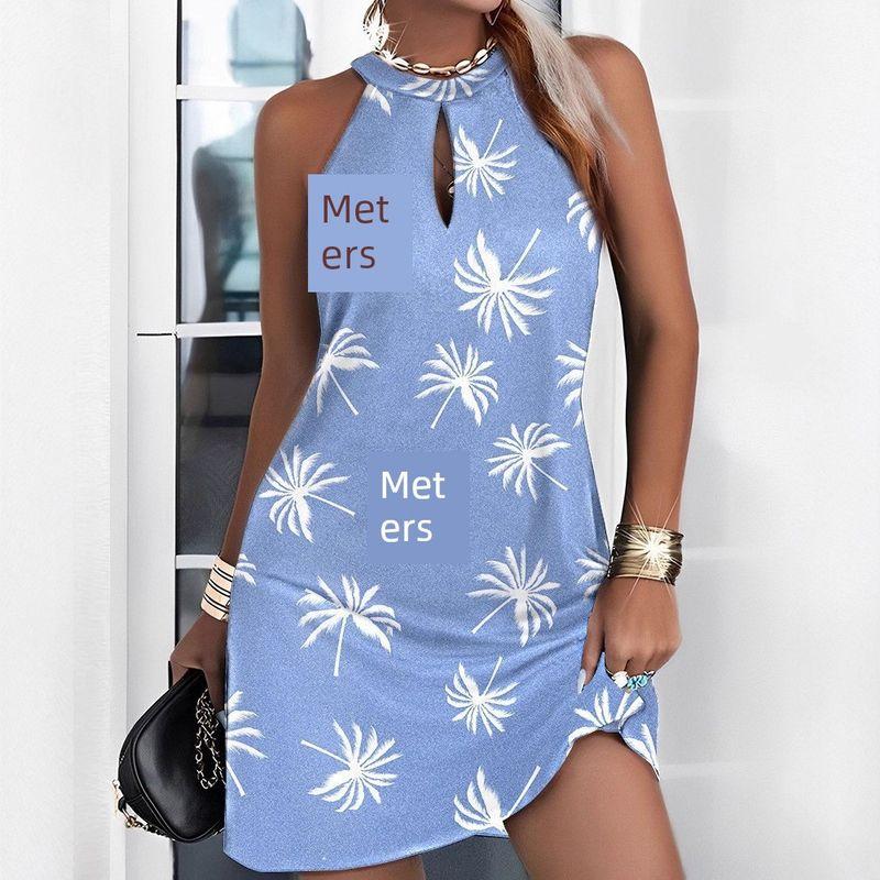 

Fashion Summer Wind Women s Retro Print Sleeveless Dress Sexy Hollow-out Halter off-Shoulder Short Skirt Mini Dress Figure 4-Sky Blue Coconut Tree L