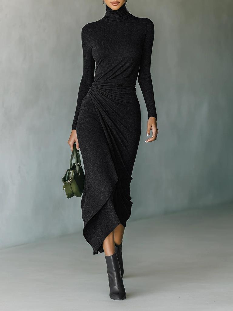 Elegant High-Collar Waist-Cinching Irregular Wrap Dress for Women - Autumn/Winter Collection