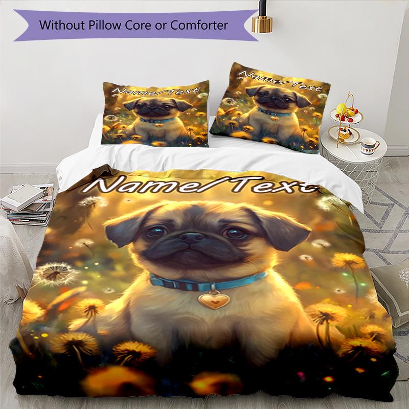 3PC Custom Name Pug Puppy Dandelions Bedding Set Duvet Cover Closure Includes 1 Duvet Cover & 2 Pillowcases for Bedroom