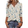 Women’s Casual Retro Floral Print V Neck Decorative Button Three Quarter Sleeve T Shirt Top for Daily Wear