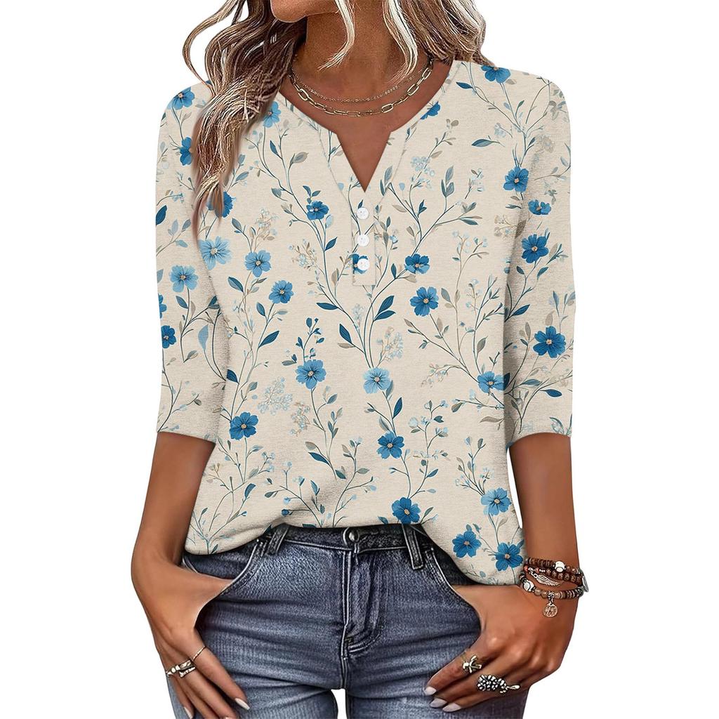 Women’s Casual Retro Floral Print V Neck Decorative Button Three Quarter Sleeve T Shirt Top for Daily Wear