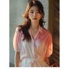 2025 New Unique and Beautiful Design Sense Summer Pink and White Gradually Changing Color Shirt for Women's Niche Age Reducing Top