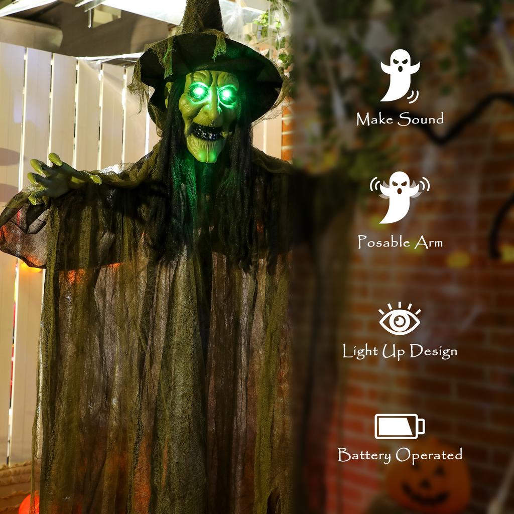 170 cm Life Size Hanging Halloween Animated Witch with Glowing LED Eyes, Spooky Witch Scary Halloween Decorations, Battery Operated