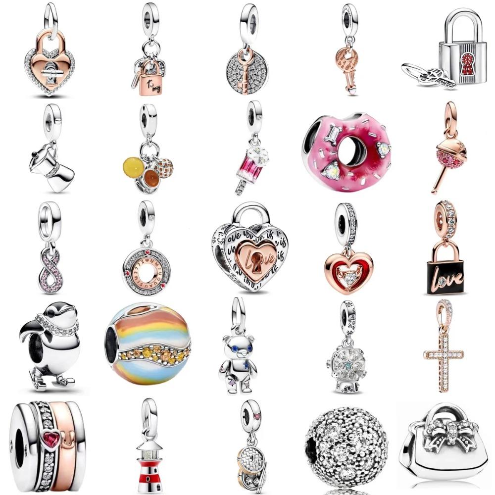 S925 Silver Lollipop Coffee Pot Charm Beads with Love Lock Key for DIY Women Bracelet Jewelry Boutique