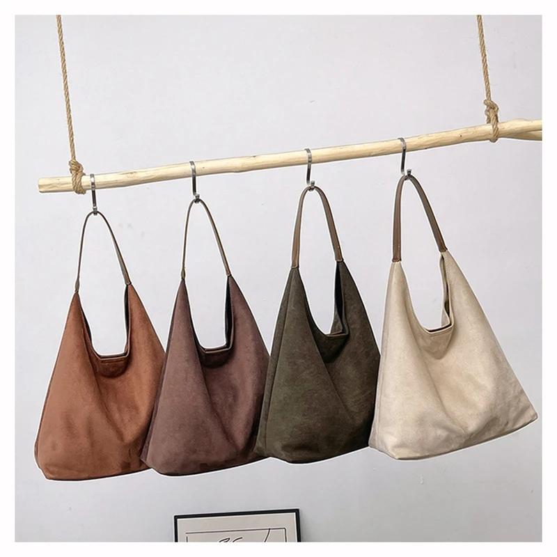 Autumn and Winter Vintage Women's Bag Large Capacity Suede Shoulder Bags Solid Color Simple Casual Commuter Bag Retro Handbag