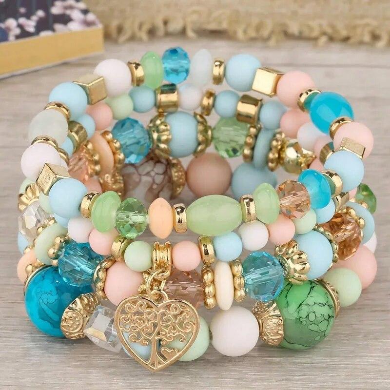 Bohemian Heart Tree Charm Bead Bracelets Set New Statement Multilayered Bracelets Pendant Charm Stretch Bangles Female Jewelry