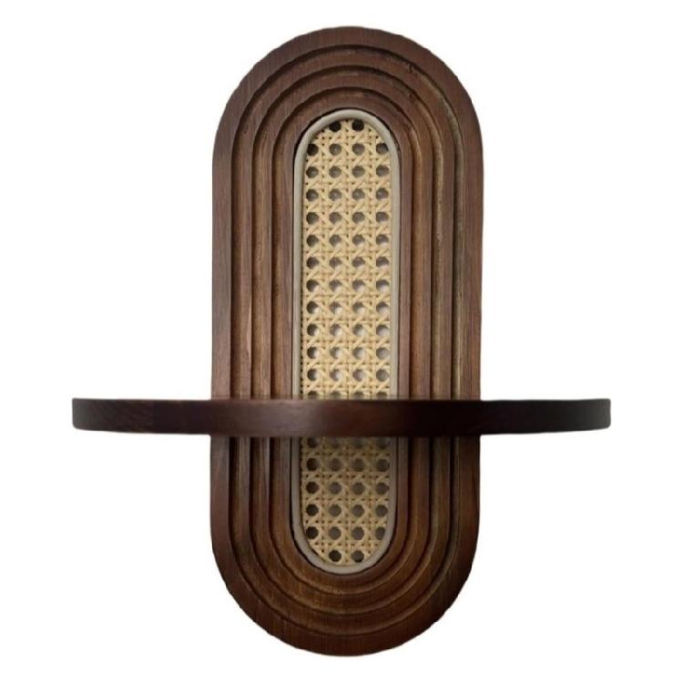 Stylish Rattan Wall Shelf With Wooden Arched Floating Display Stand For Home Decors Plant Decorative Items Hanging Shelf