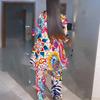 Women Plus Size Coordinated Two Piece Set Round Neck Three Quarter Sleeve Irregular Hem Top Printed Wide Leg Pants