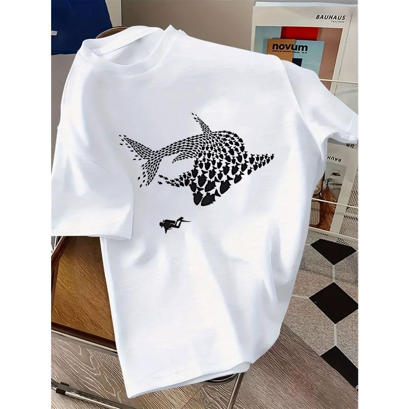 Kids Crewneck Short Sleeve T-Shirt, Summer Creative Fish Print, Breathable Comfortable Stylish Casual Tee 110 белый
