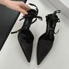Fashion Spring and Summer New Pointed Toe Satin Heels Bow One Strap Women's Shallow Mouth Non-Slip Bag and Heel Sandals