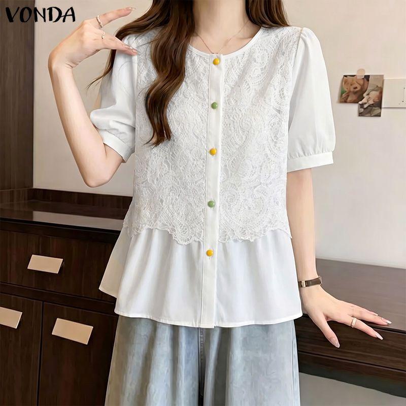 VONDA Women Short Sleeve Front Lace Crochet Casual Ruffled Blouse Shirts Tops