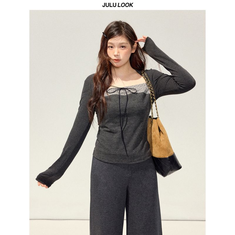 

Julu Studio Old Alley End Plus-Size Striped Patchwork Polka Dot Knit Top and Casual Pants Set Dark Gray Top M