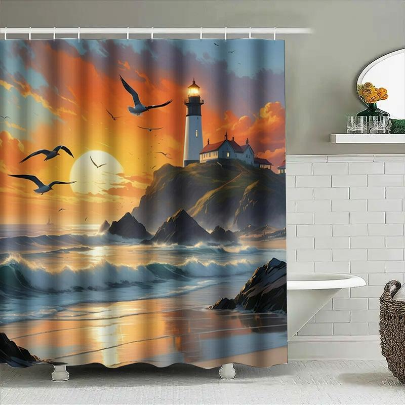 Sonnenuntergang Ozean Leuchtturm Möwe 3D Gedruckter Duschvorhang Wasserdichte Badezimmerdekoration Hausdekoration (180X240Cm)