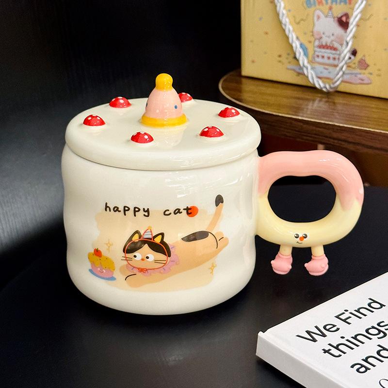 Cute Cat And Dog Ceramic Mug With Lid Creative Birthday Gift Cup Girl Heart Home Coffee Cup Souvenir
