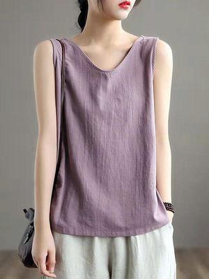 Purple Retro-Inspired Cotton Linen Spaghetti Strap Tank Top for Women
