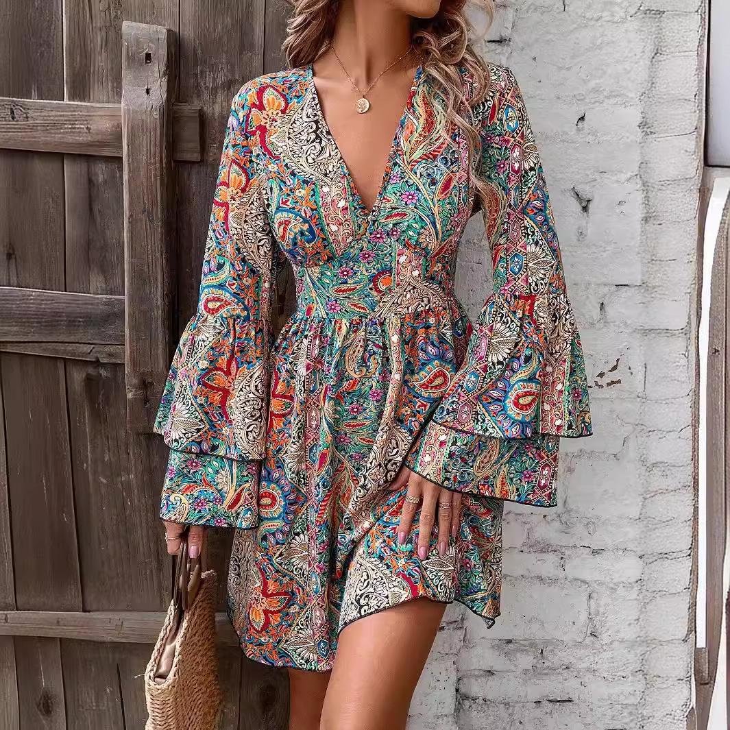 Autumn Elegant Women Floral Print V Neck Bell Sleeve Dress Mature Style French Retro Patchwork Slim Sexy Elegant Women Maxi Dress S