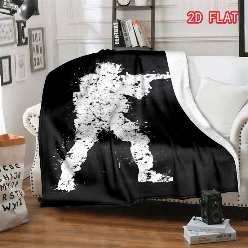 Black White Soldier Silhouette Print Flannel Blanket, Soft Cozy Warm Throw for Bed Sofa Couch, Lightweight All Season Cover