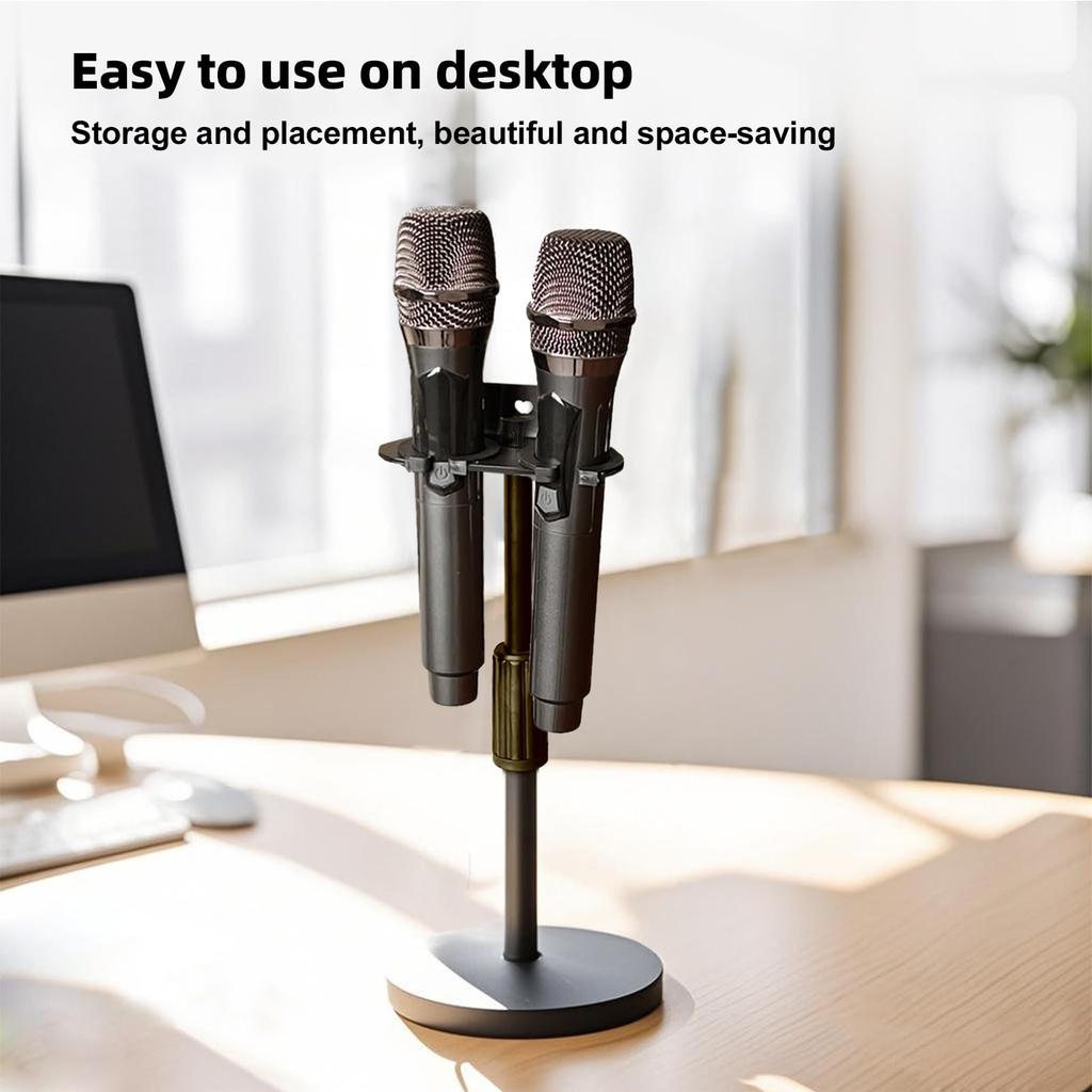 summina Microphone Holder, Wall Mount Dual Slot Height Adjustable Metal Microphone Stand with Anti-Slip Pad Telescopic Pole 24" 39cm and 13cm Base,