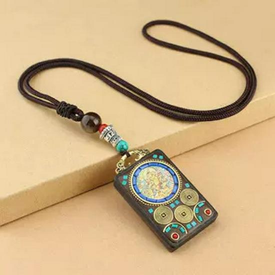 Ethnic Nepal Thangka Pendant Necklace with Wooden Beads