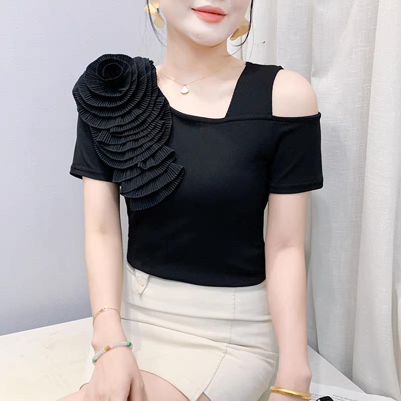 

Летняя женская футболка с 3D-аппликацией в виде цветов, шикарная, сексуальная, с одним плечом, с коротким рукавом, модные облегающие топы в стиле кэжуал M чёрный