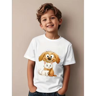European Size Boys Round-neck Short-sleeved T-shirt with Dog and Cat Pattern Print