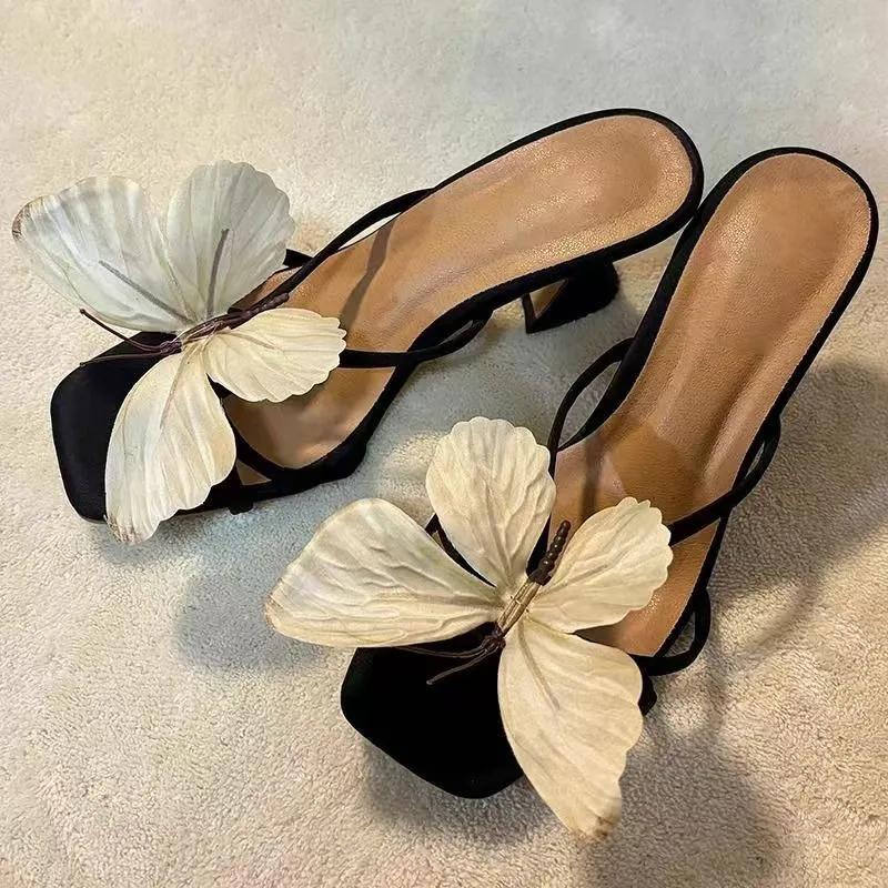 Fashion Square Toe Women's High Heel Slippers Big Butterfly Alien Shape Slippers Women Fashion Summer New Designer Zapatillas De Mujer
