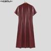 INCERUN Men Short Sleeve PU Open Front Faux Leather Long Cardigan Coats