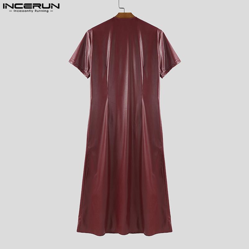 INCERUN Men Short Sleeve PU Open Front Faux Leather Long Cardigan Coats