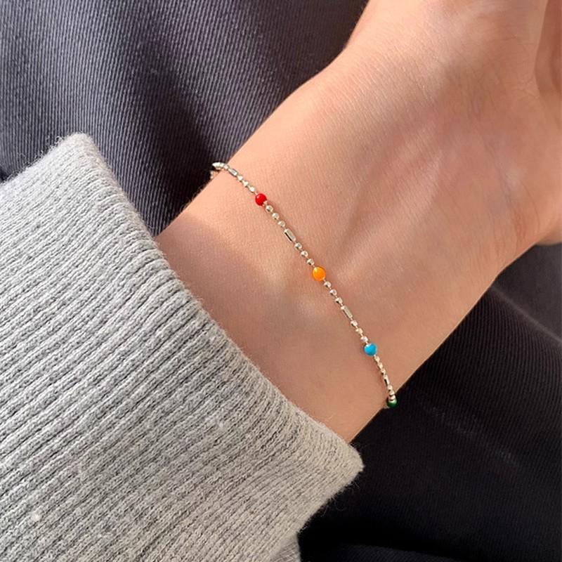 Korean Rainbow Bead Bracelet, S925 Sterling Silver, Simple Niche Design, Stylish Round Bead Jewelry for Women.