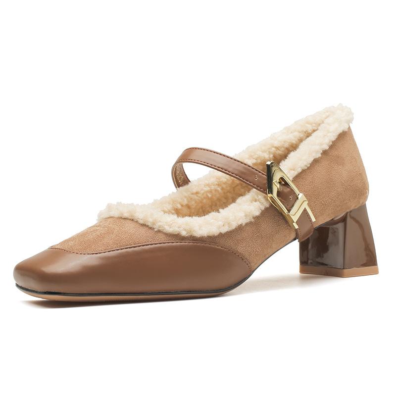 M988-19 Mao Mao high heels women's inner full hair fashion thick heel shoes square head thick heel winter new retro