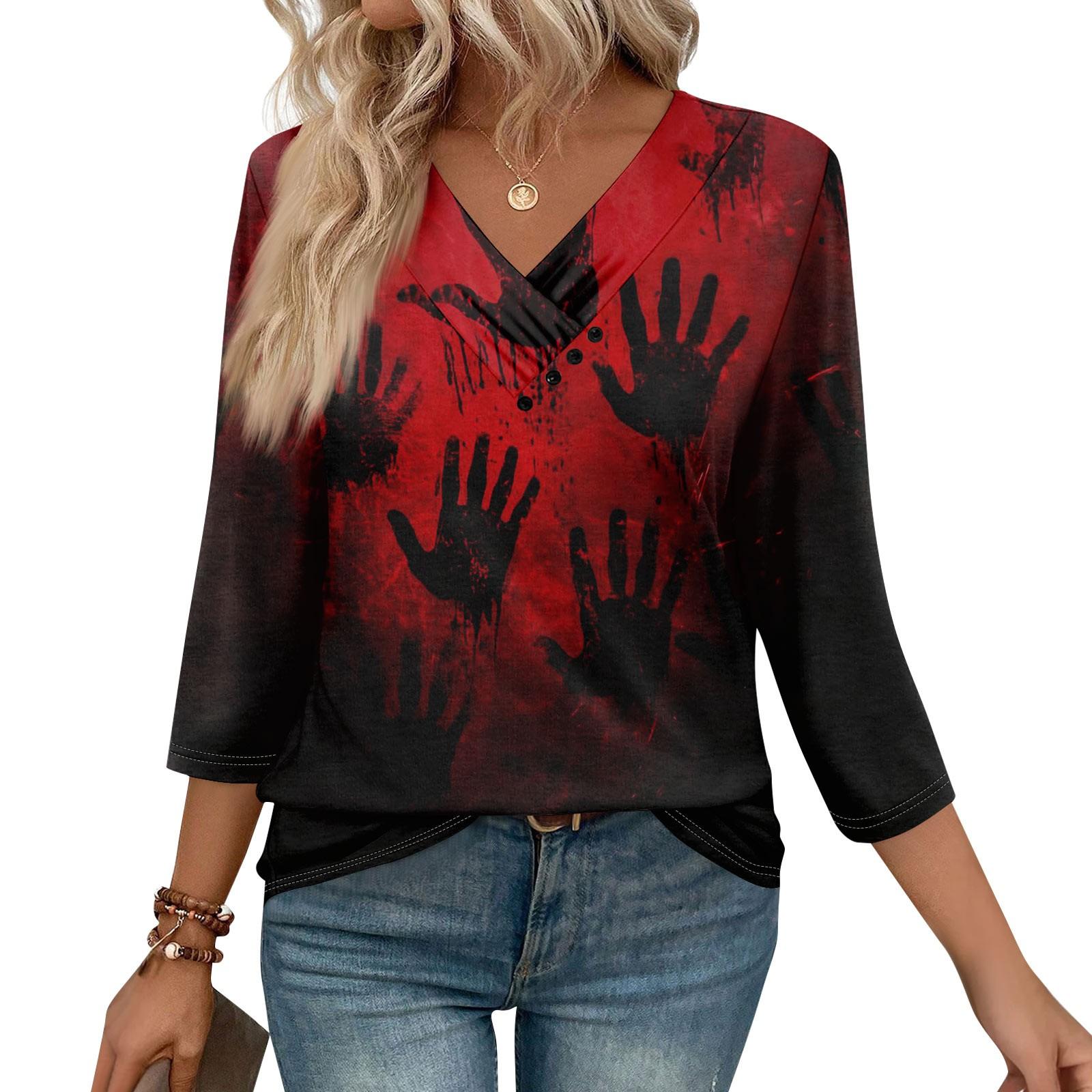 

Женские футболки с рукавом 3/4 для повседневной носки и выходных, с V-образным вырезом, повседневные, с принтом, свободного кроя, плиссированные, рубашки на пуговицах XL