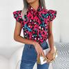 Damen-Bluse für Frühling und Sommer, Freizeit, Leopardenmuster, Holzohren, Schnürung, Chiffon-Oberteil, Schleife, fliegende Ärmel