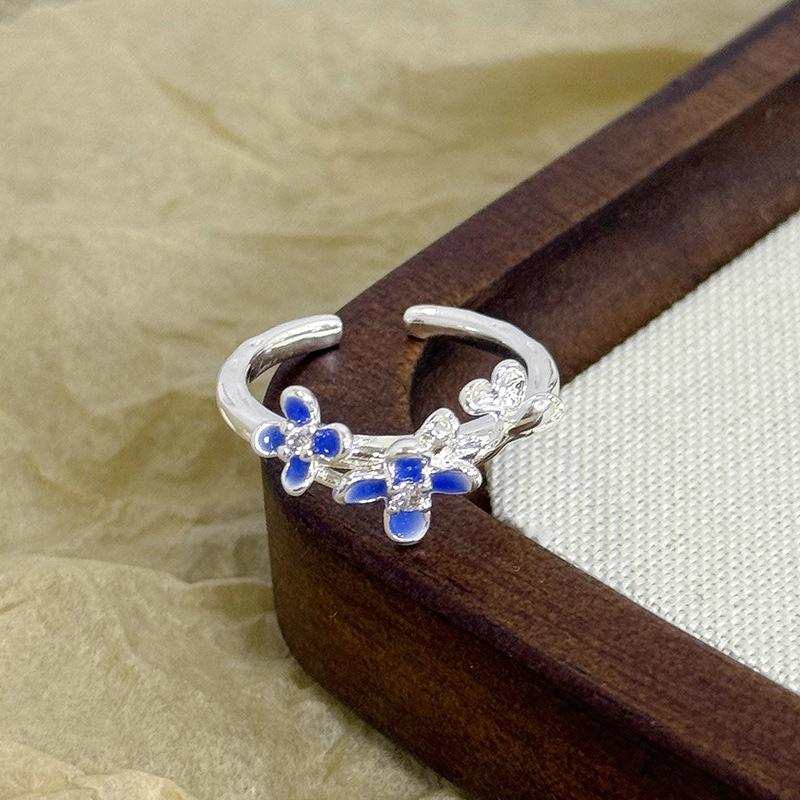 French Flower Peacock Dream Blue Enamel Dripping Oil Flower Opening Ring Women'S Exquisite Sweet And Cool High-End Ring