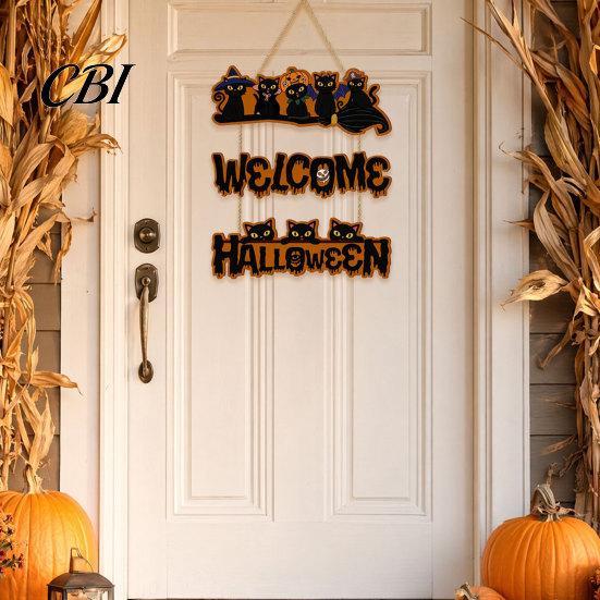 Elegant Natural Wood Sign Halloween Wooden Door Sign, Black Cats Broom Front Hanger, Rustic Hanging Welcome for Home Window Wall Party Decor