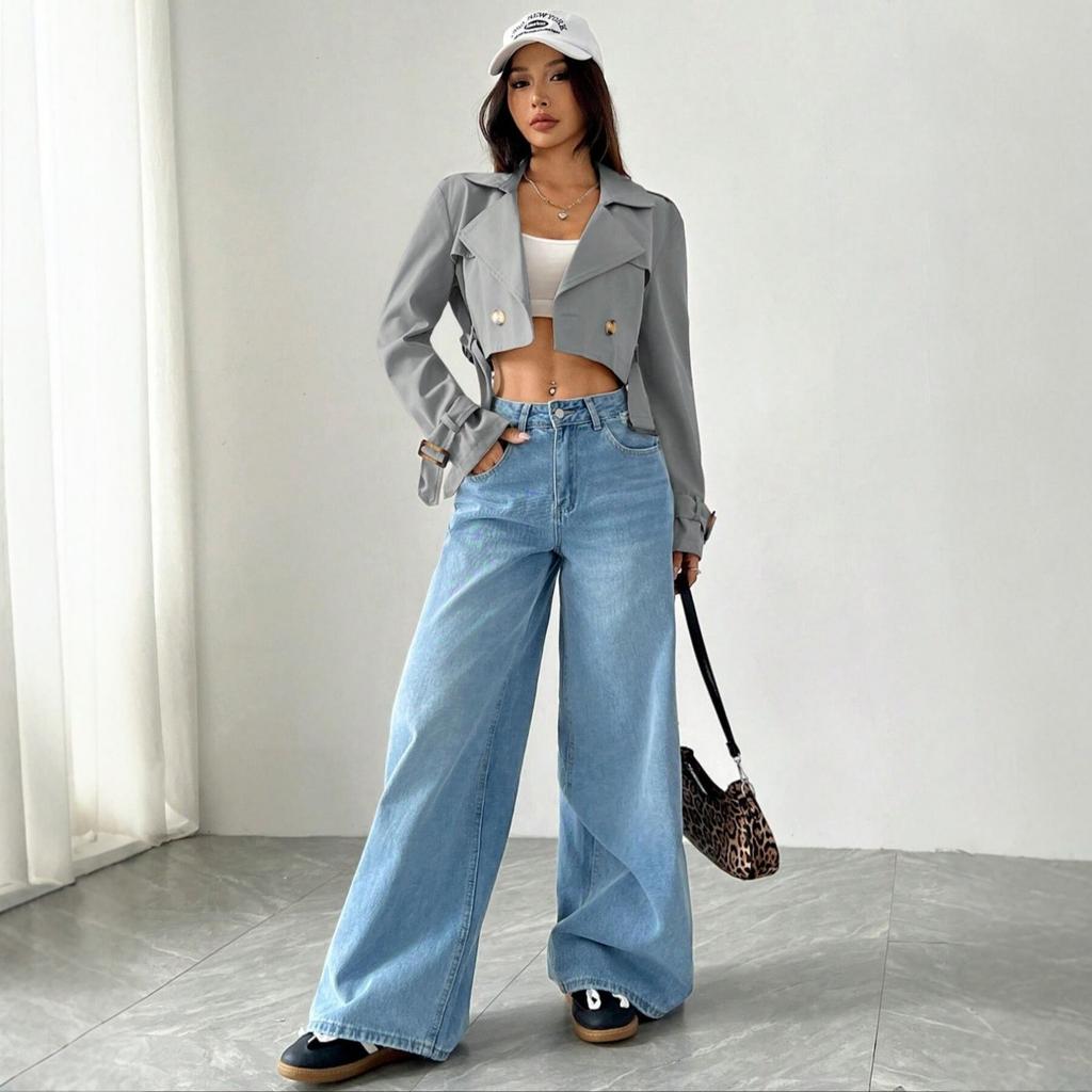 European & American Style Women's Waist-cinched Long Sleeve Short Trench Coat, Spring Autumn Casual Lace-up Fashion Outerwear