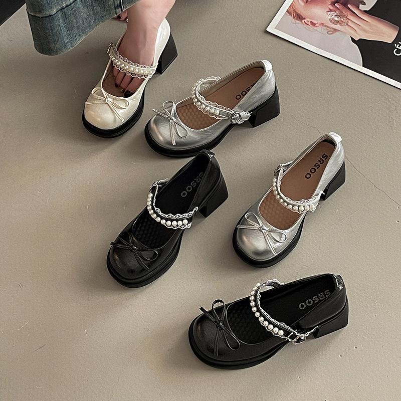 French bow pearl one-word small leather shoes women's 2025 new high heels women's shoes thick sole heightened thick heel single shoes