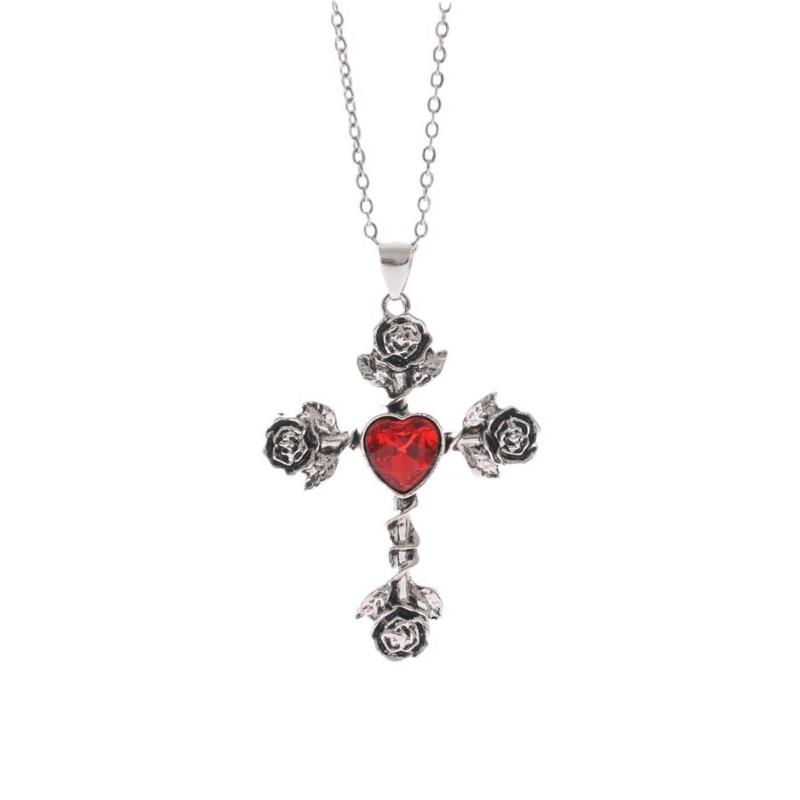 Thorn Knotted Rose Crosses Pendant Necklace Ornament Stylish Neckchain Accessories for Gothic Style Enthusiasts