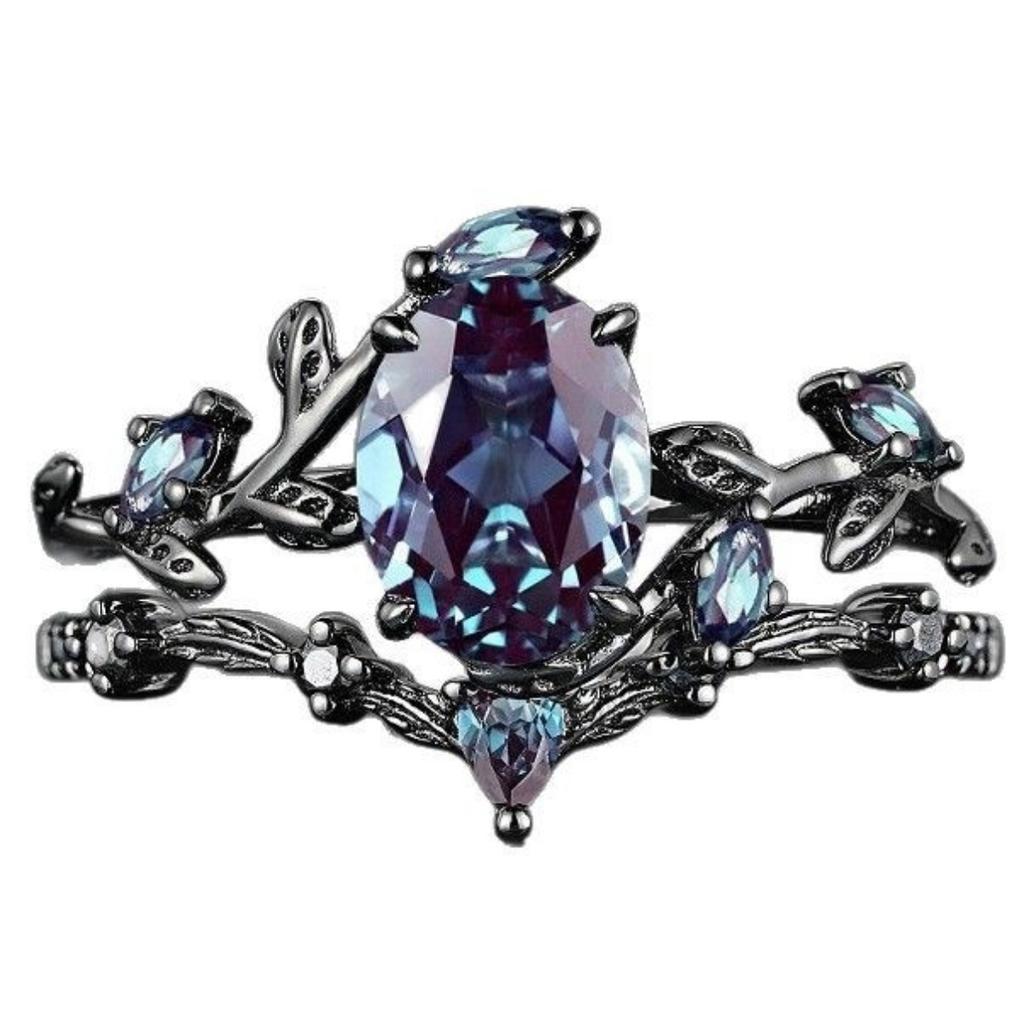 Luxus Zweig Gekreuzt Retro Gun Black Paarring, Eingelegter Bunter Stein Damen Ins Dornenring