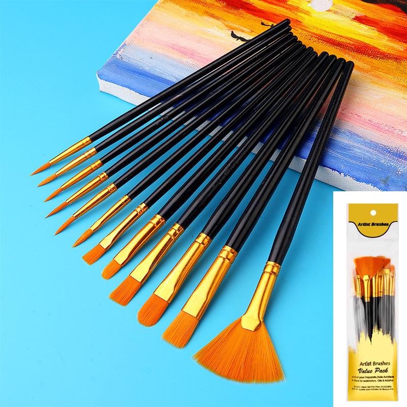 New 12Pcs Nylon Bristle Brush Set Flat Brushes Watercolor Oil Paint For Artists Amateur And Acrylic Paintings Fabric Brushes