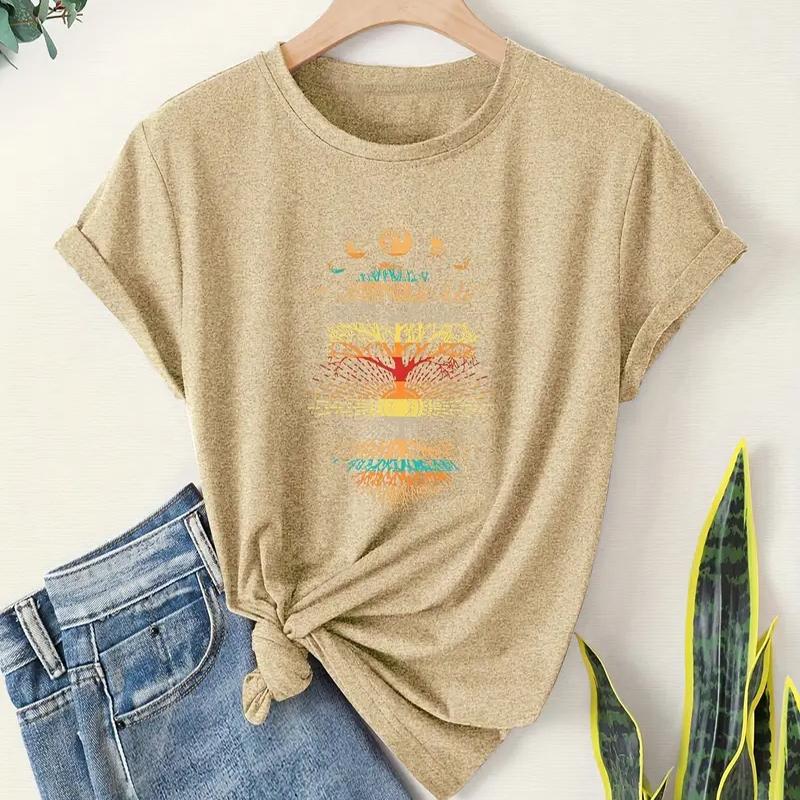 Women Summer T Shirt Retro Fashion Short Sleeve Tees Casual Big Tree Printed  Tops