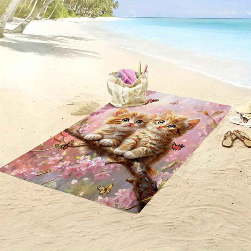 Asciugamano da Spiaggia Gatto Fiore di Primavera Gattino Farfalla Stampa Floreale Microfibra Morbido Asciugamano da Bagno per Nuoto Viaggio Campeggio Sport