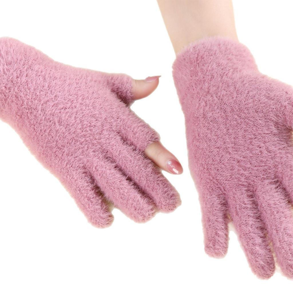 Women's Warm Two finger Gloves with Imitation Mink Plus Velvet Thick Half-finger Work Student Writing To Protect Against Cold Winter